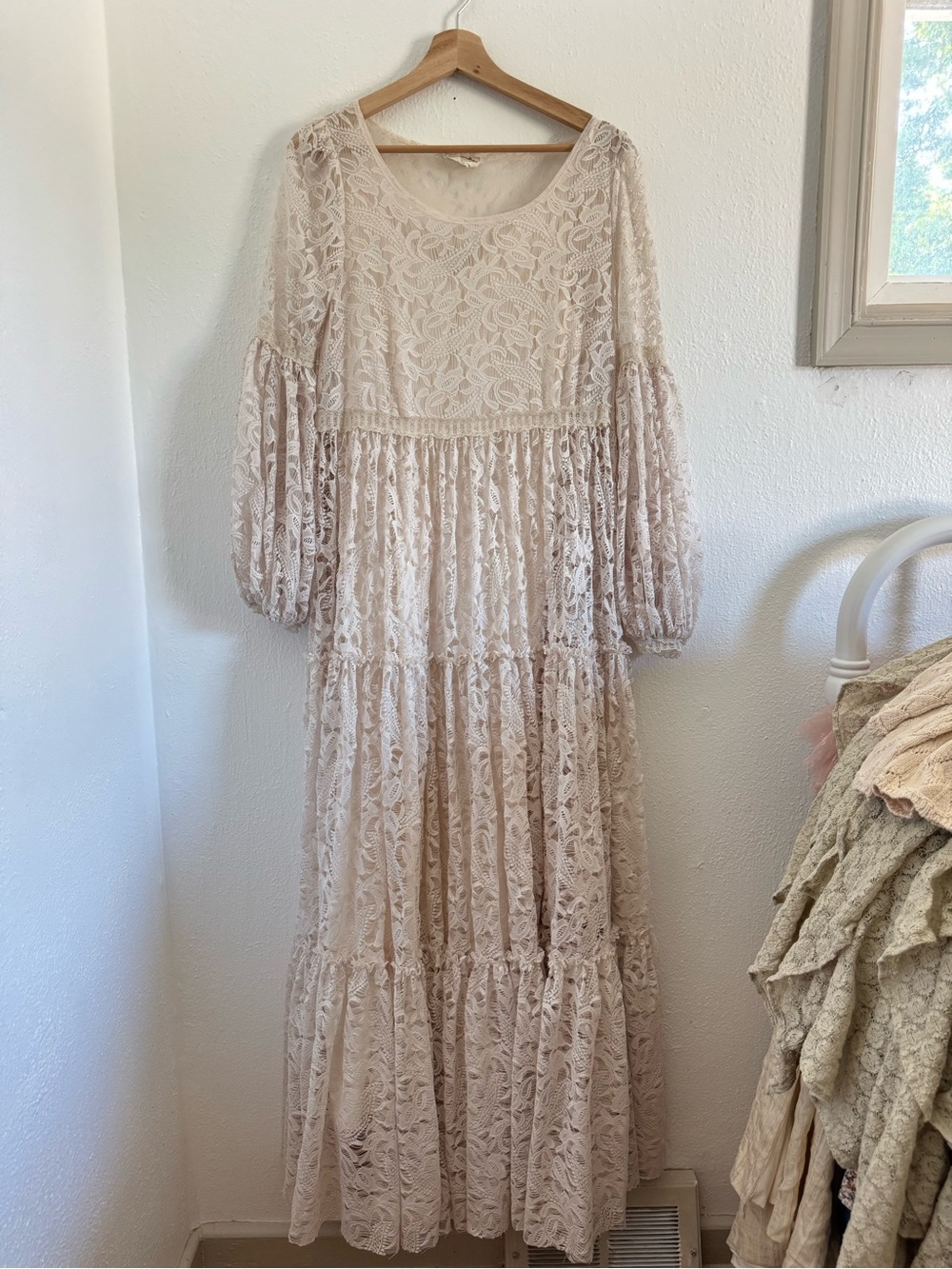 Joyfolie Boho Lace Maxi Dress in Light Beige